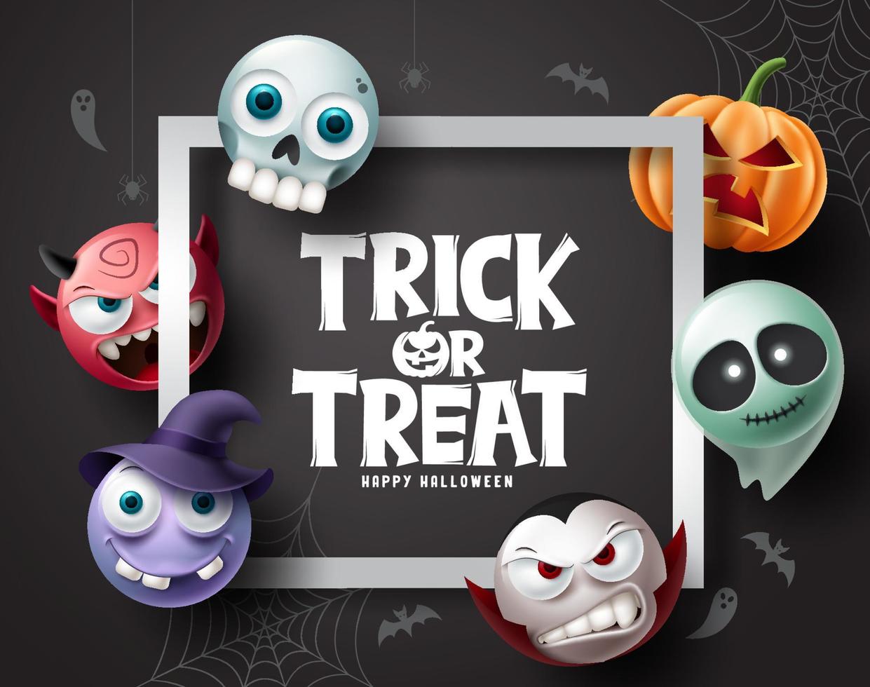 halloween karakter vector achtergrond. halloween trick or treat-tekst met pompoenen, spook, vampier en heksenkarakter voor het ontwerp van de partij van horrorelementen. vectorillustratie.