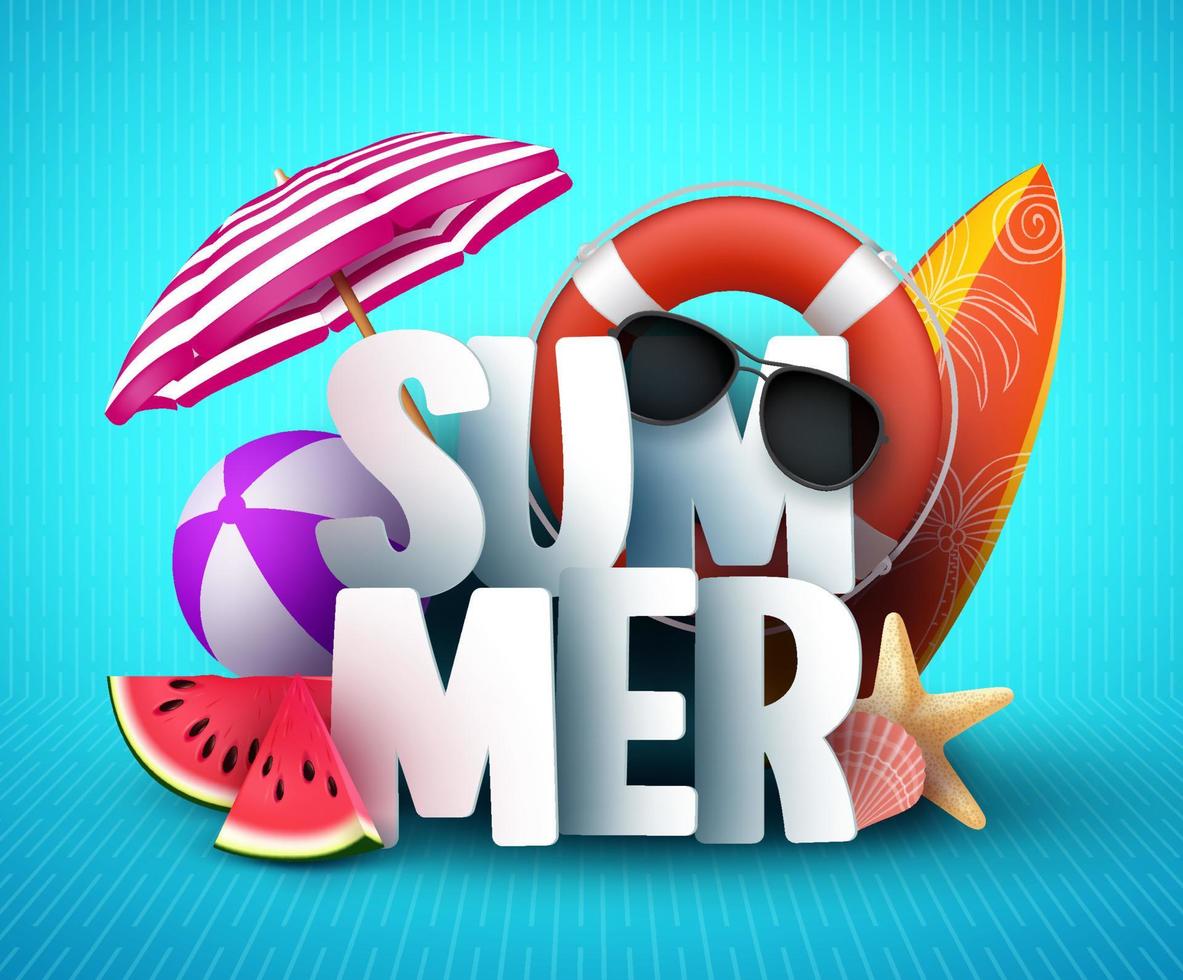 zomer vectorbannerontwerp met witte 3D-teksttitel en kleurrijke realistische tropische strandelementen op blauwe patroonachtergrond voor het zomervakantieseizoen. vectorillustratie. vector