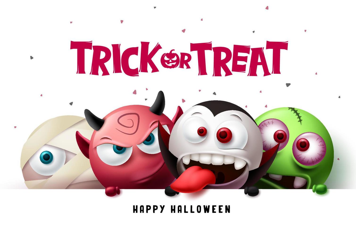 halloween trick or treat-tekst vectorontwerp. happy halloween met enge, spookachtige en griezelige karakterachtergrond in schattige horrorelementen voor gezichtsuitdrukkingen. vector illustratie