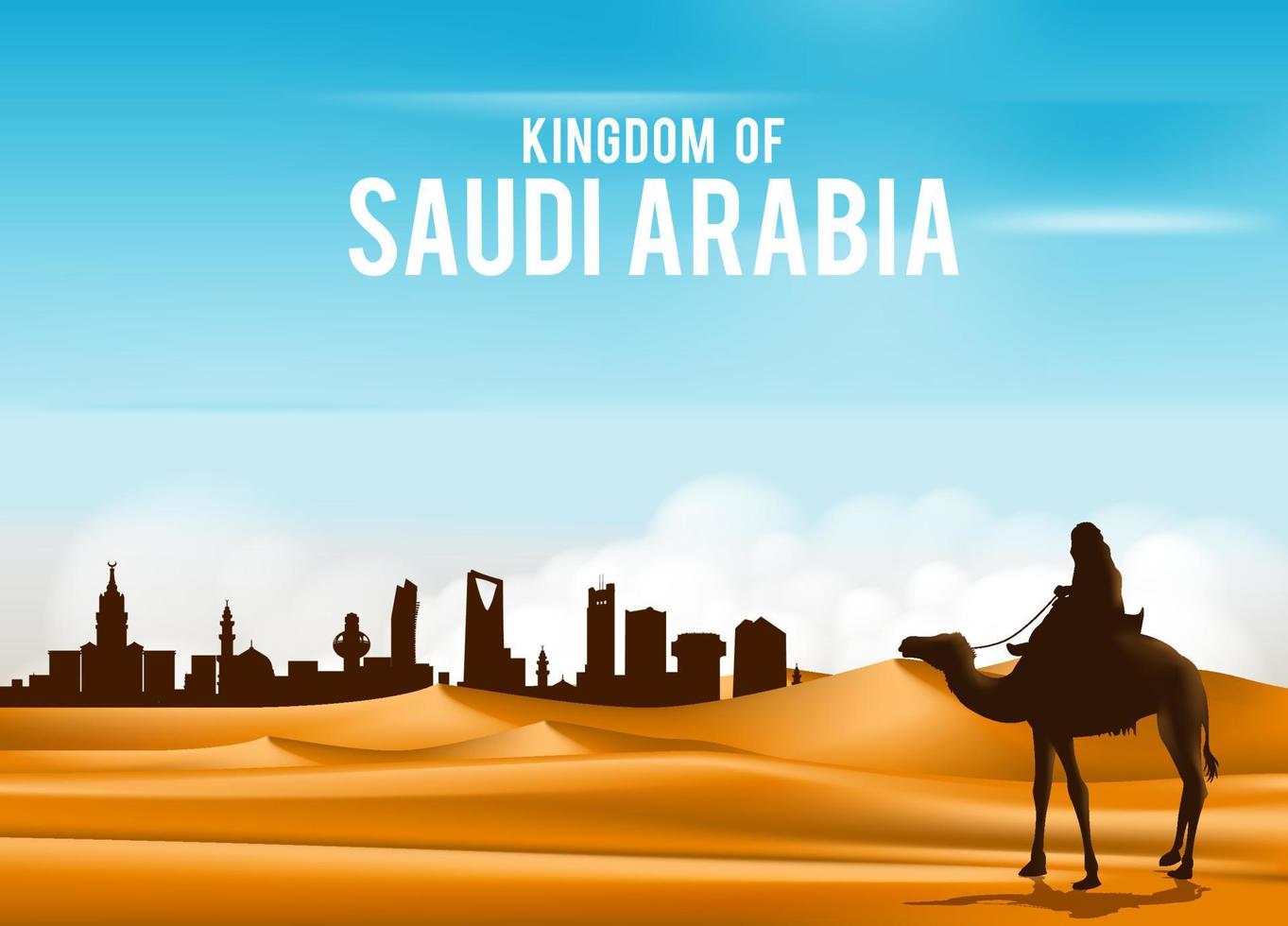 Arabische man rijdt op kameel in brede woestijnzanden in het Midden-Oosten en gaat naar de stad in het koninkrijk saoedi-arabië. bewerkbare vectorillustratie vector
