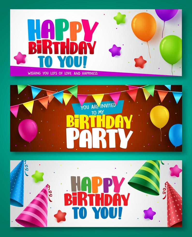 gelukkige verjaardag vector banner ontwerpen set met kleurrijke elementen zoals ballonnen en verjaardag hoeden voor verjaardagsfeestje of uitnodigingen. vectorillustratie.