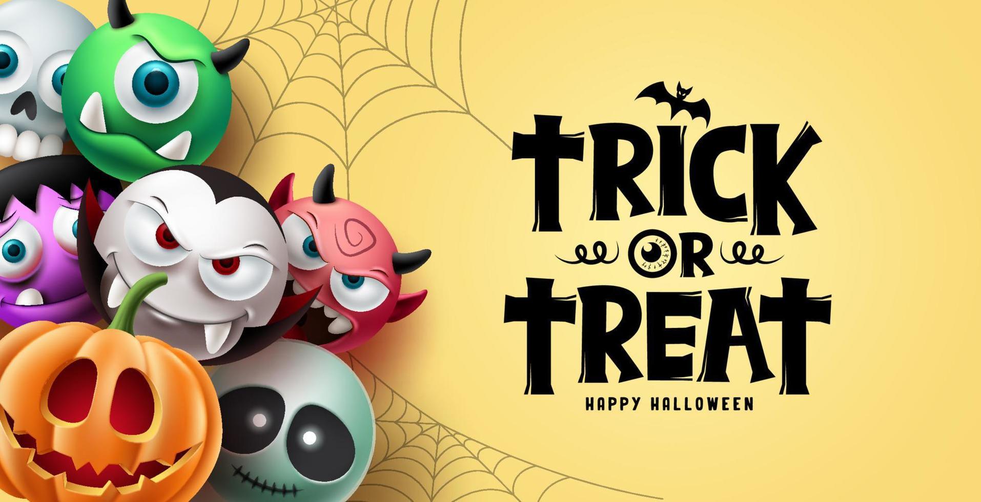 halloween karakter vector achtergrondontwerp. happy halloween trick or treat-tekst met enge, spookachtige en griezelige mascottekarakters in schattige gezichtsuitdrukking. vector illustratie