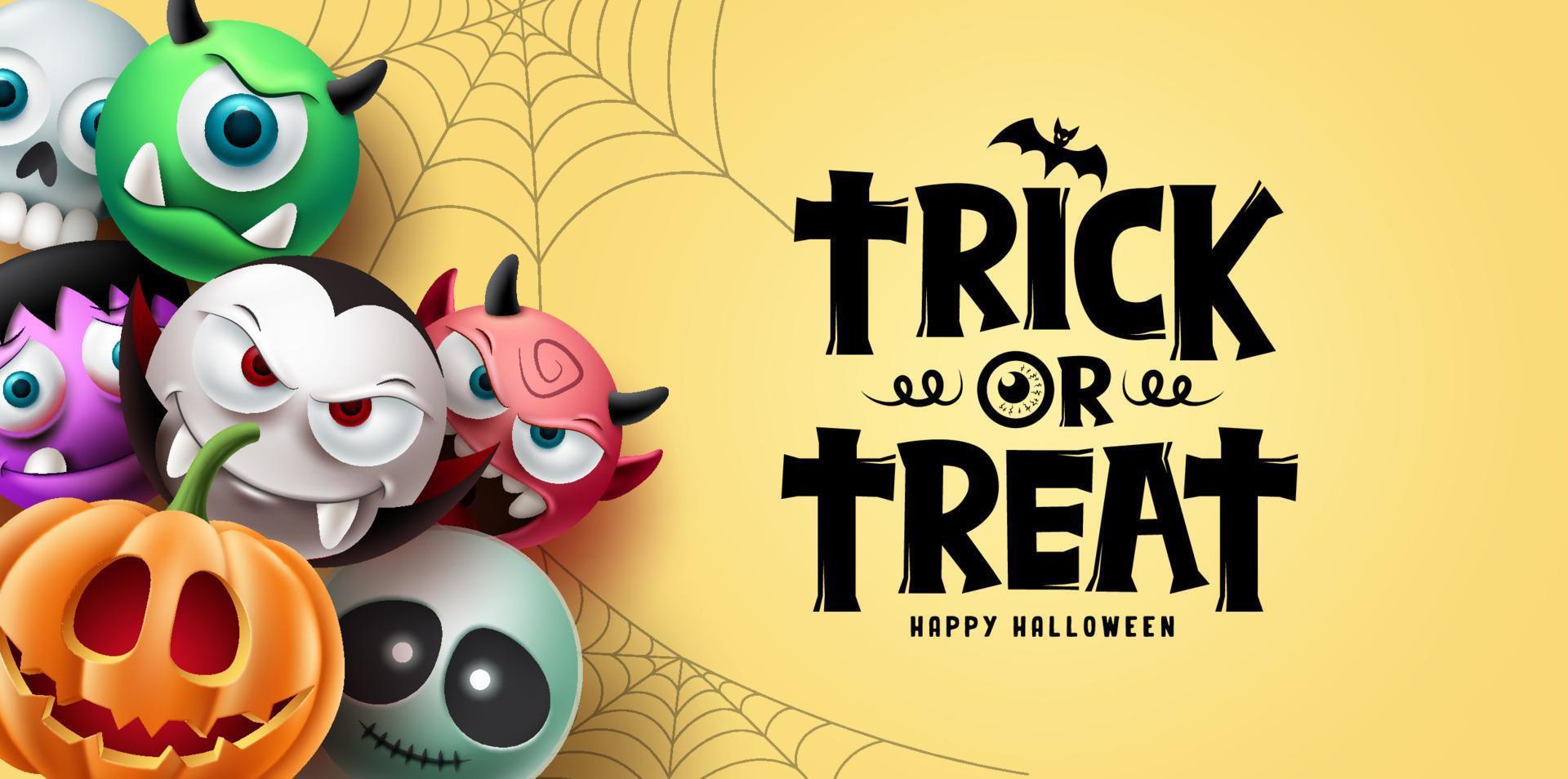 halloween karakter vector achtergrondontwerp. happy halloween trick or treat-tekst met enge, spookachtige en griezelige mascottekarakters in schattige gezichtsuitdrukking. vector illustratie