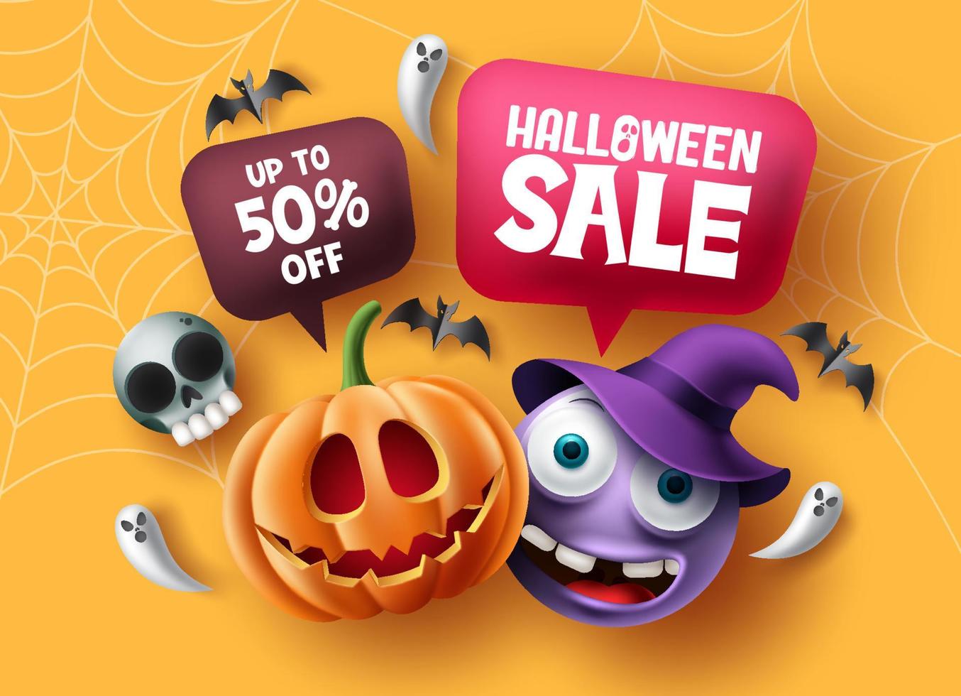 halloween verkoop vector banner ontwerp. halloween-kortingstekst in tekstballonelementen met pompoen en heks schattige karakteremoji voor advertentiesachtergrond. vectorillustratie.
