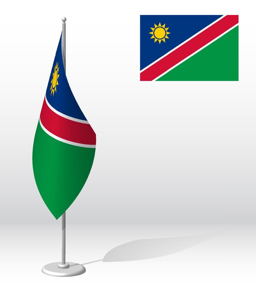 Namibische vlag op vlaggenmast voor registratie van plechtige gebeurtenis, buitenlandse gasten ontmoeten. nationale onafhankelijkheidsdag van Namibië. realistische 3D-vector op wit vector