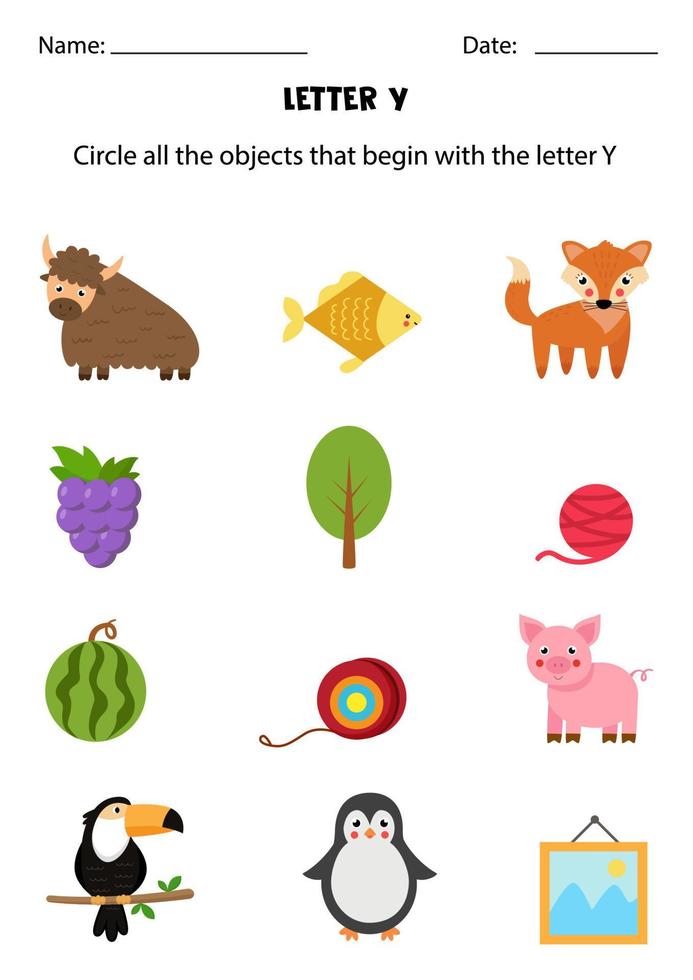 letterherkenning voor kinderen. omcirkel alle objecten die beginnen met y. vector