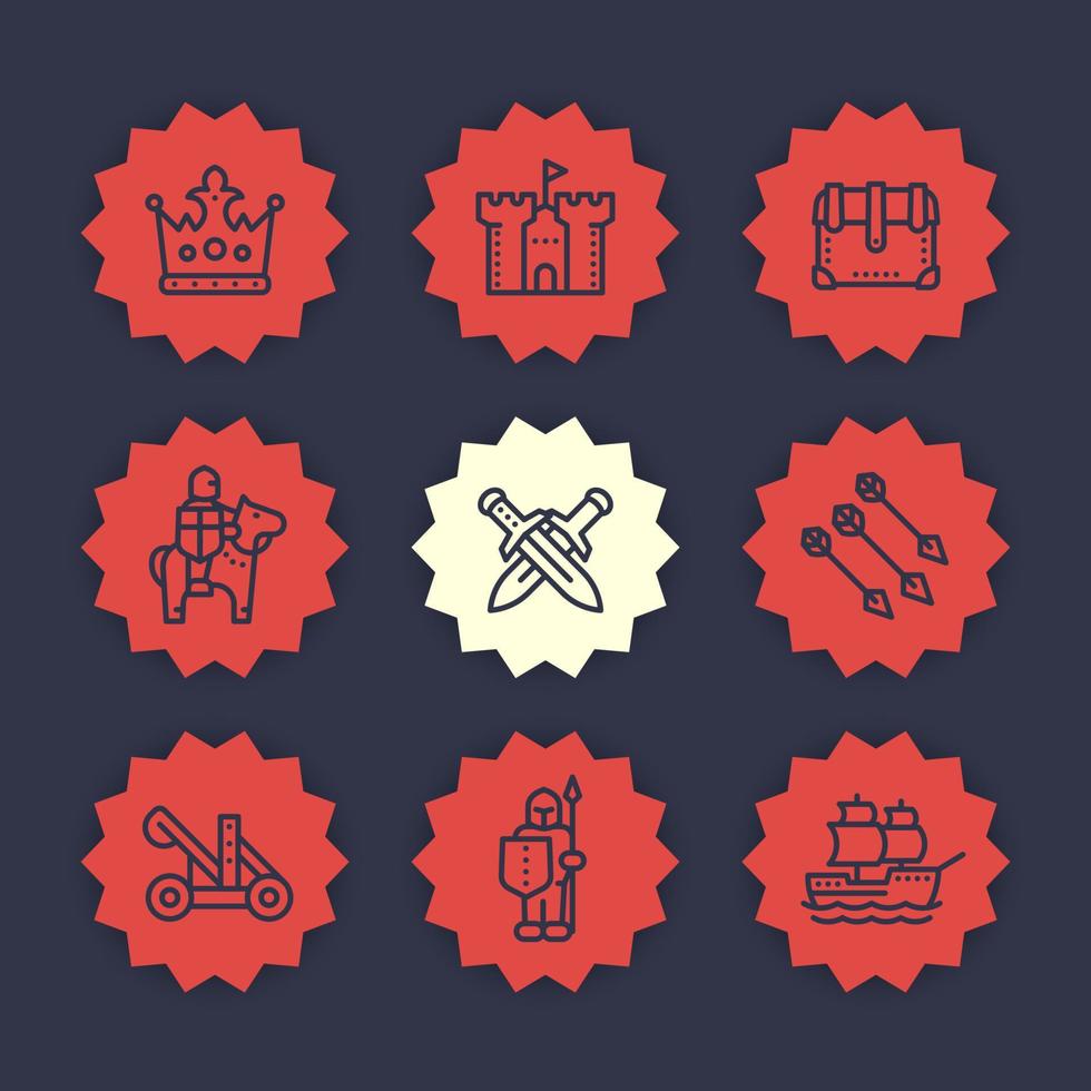 middeleeuwse oorlogslijn iconen set, ridder, speerwerper, ruiter, pijlen, kroon, kasteel, zeilschip, katapult, belegering vector