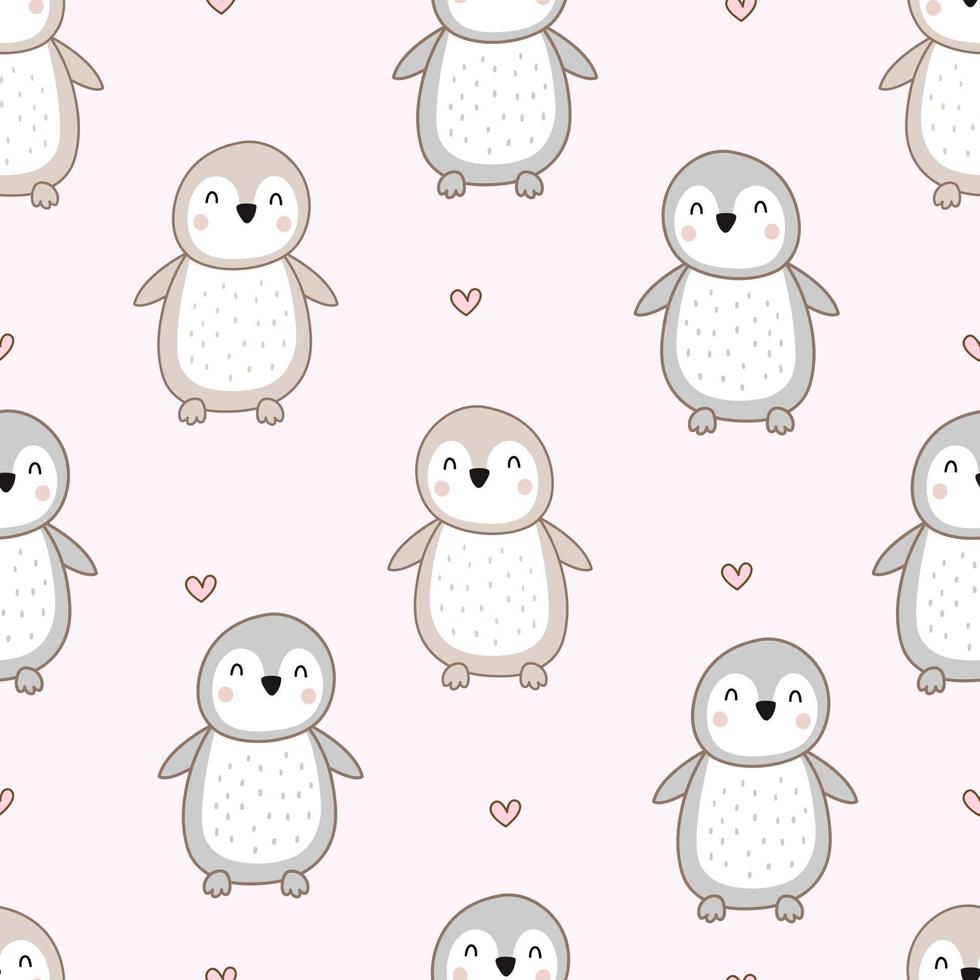 pinguïn met hartjes op roze achtergrond baby naadloze patroon hand getekende cartoon patroon voor babykleding, deken patroon of print behang vectorillustratie vector