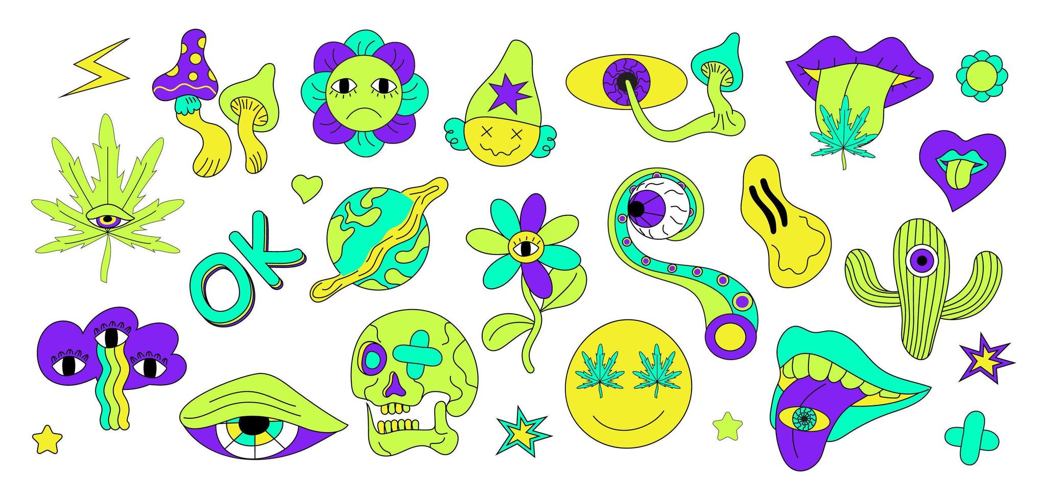 psychedelische stickers vector set. gekke paddenstoelen en abstracte ogen. neon handgetekende schedel, lippen, cannabis. neonhart, cactus, octopuspoot worden getoond.