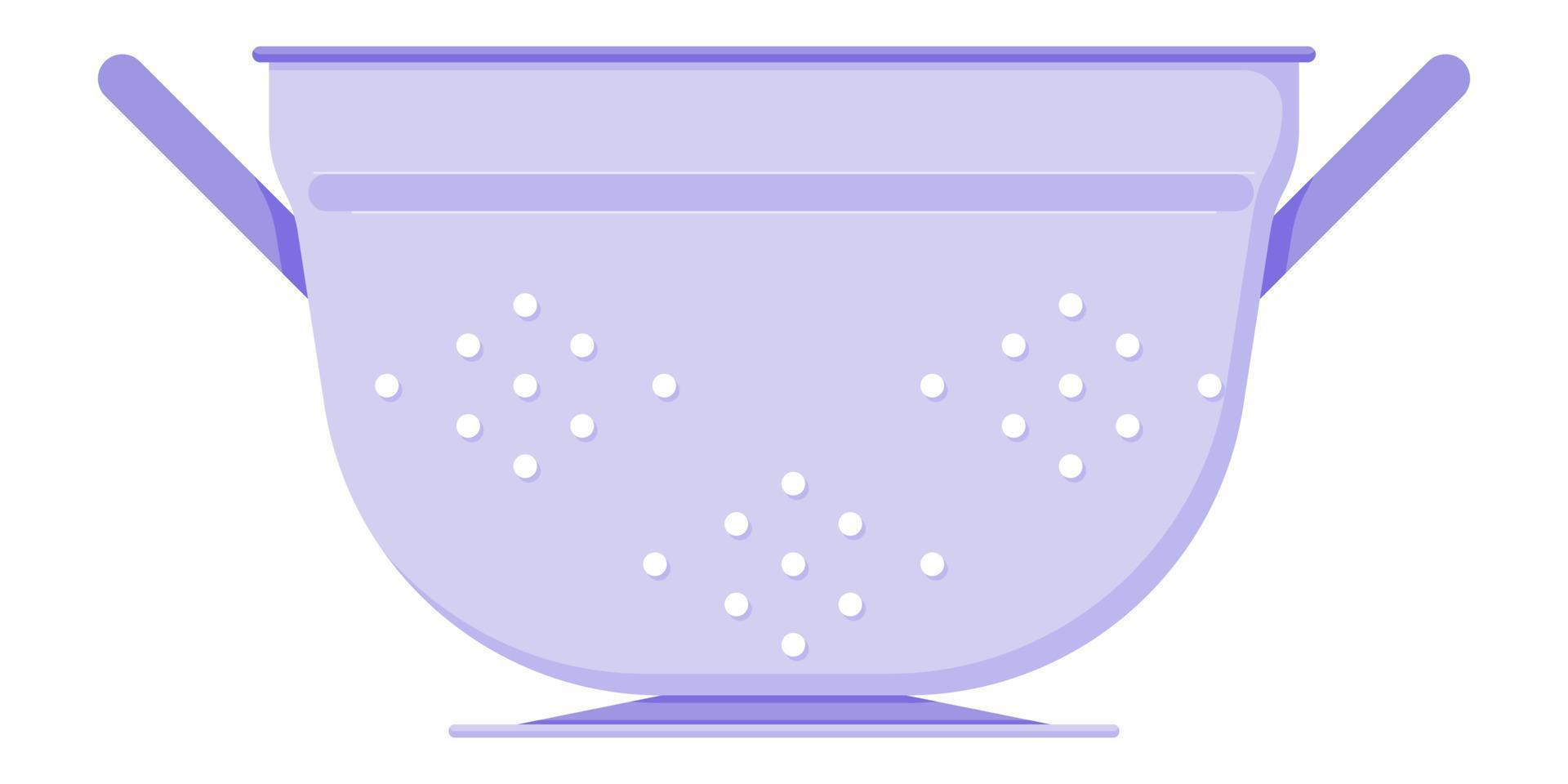 Paars vergiet met handvatten voor het aftappen van vloeistof uit een pan in een vlakke stijl geïsoleerd op een witte achtergrond vector