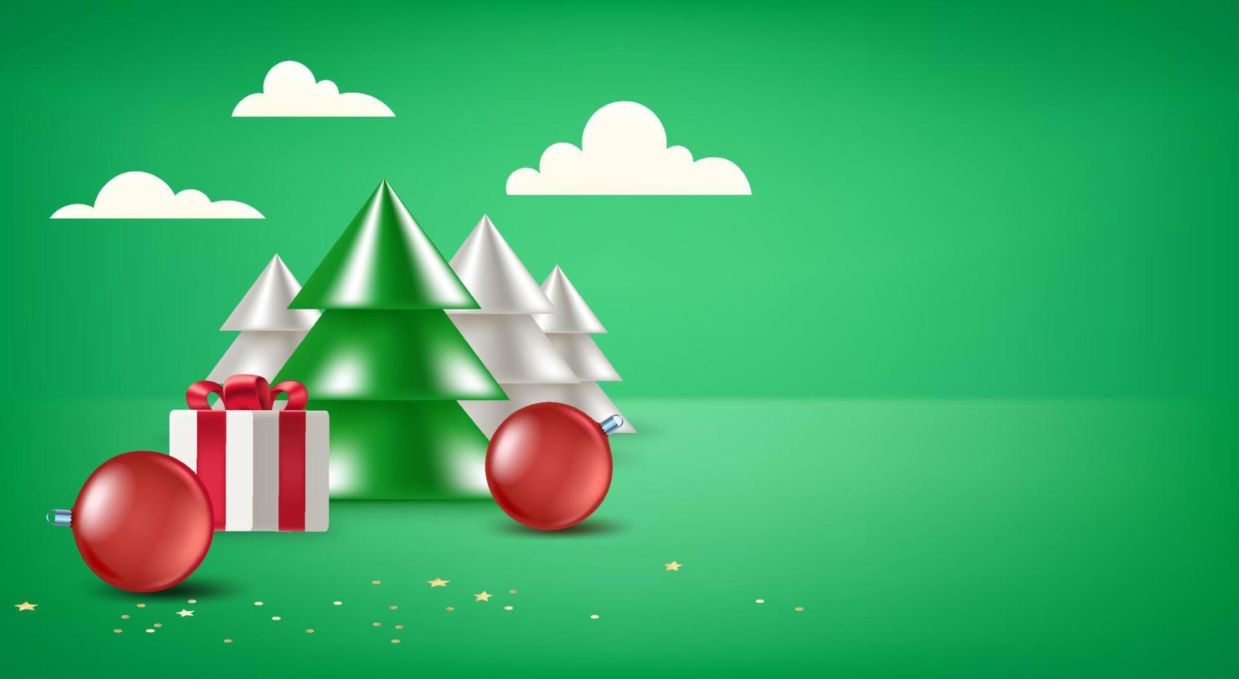 kerstcompositie met abstracte dennen, geschenkdoos en kerstballen. 3d vectorbanner met exemplaarruimte vector