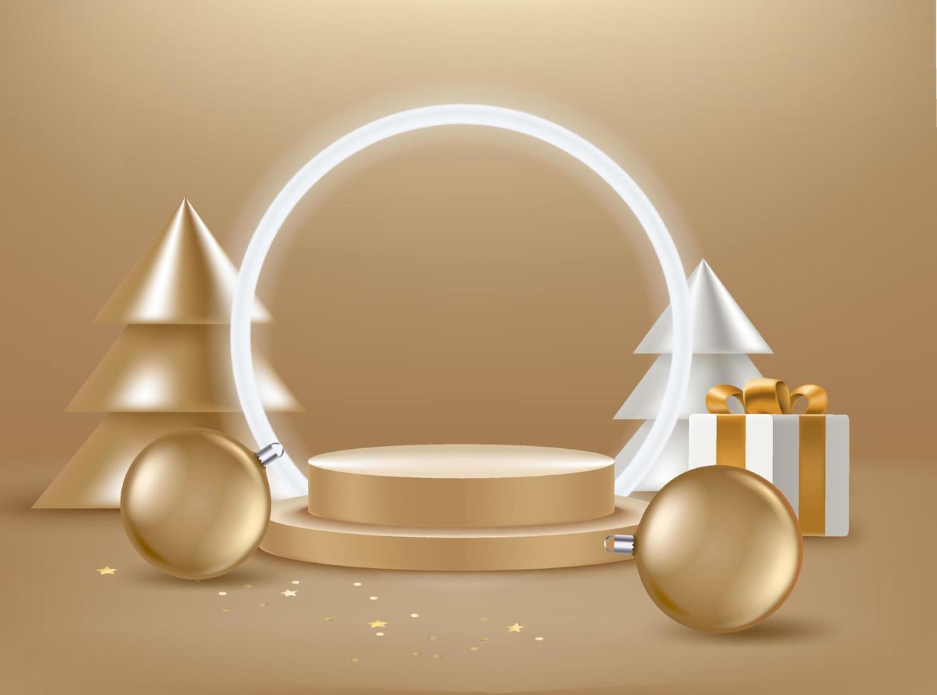 kerstwenskaart met abstracte dennen, geschenkdoos en gouden kerstballen. 3d vectorbanner met exemplaarruimte vector