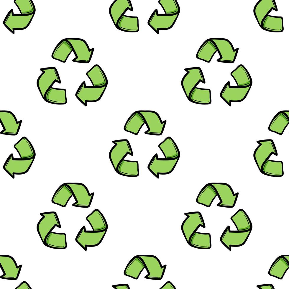 naadloos ecopatroon. drie pijlen eco recycle. hergebruik ornament doodle op witte achtergrond. groen plat vectorbehang. nul afval ecologie cirkel vector