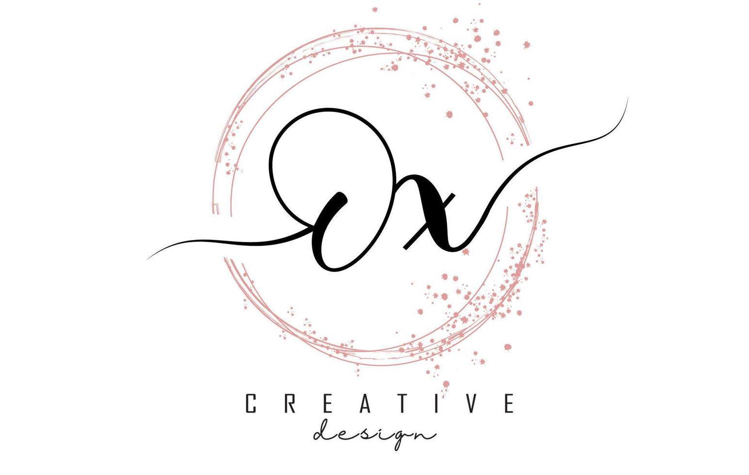 handgeschreven ox ox letter logo met sprankelende cirkels met roze glitter. vector