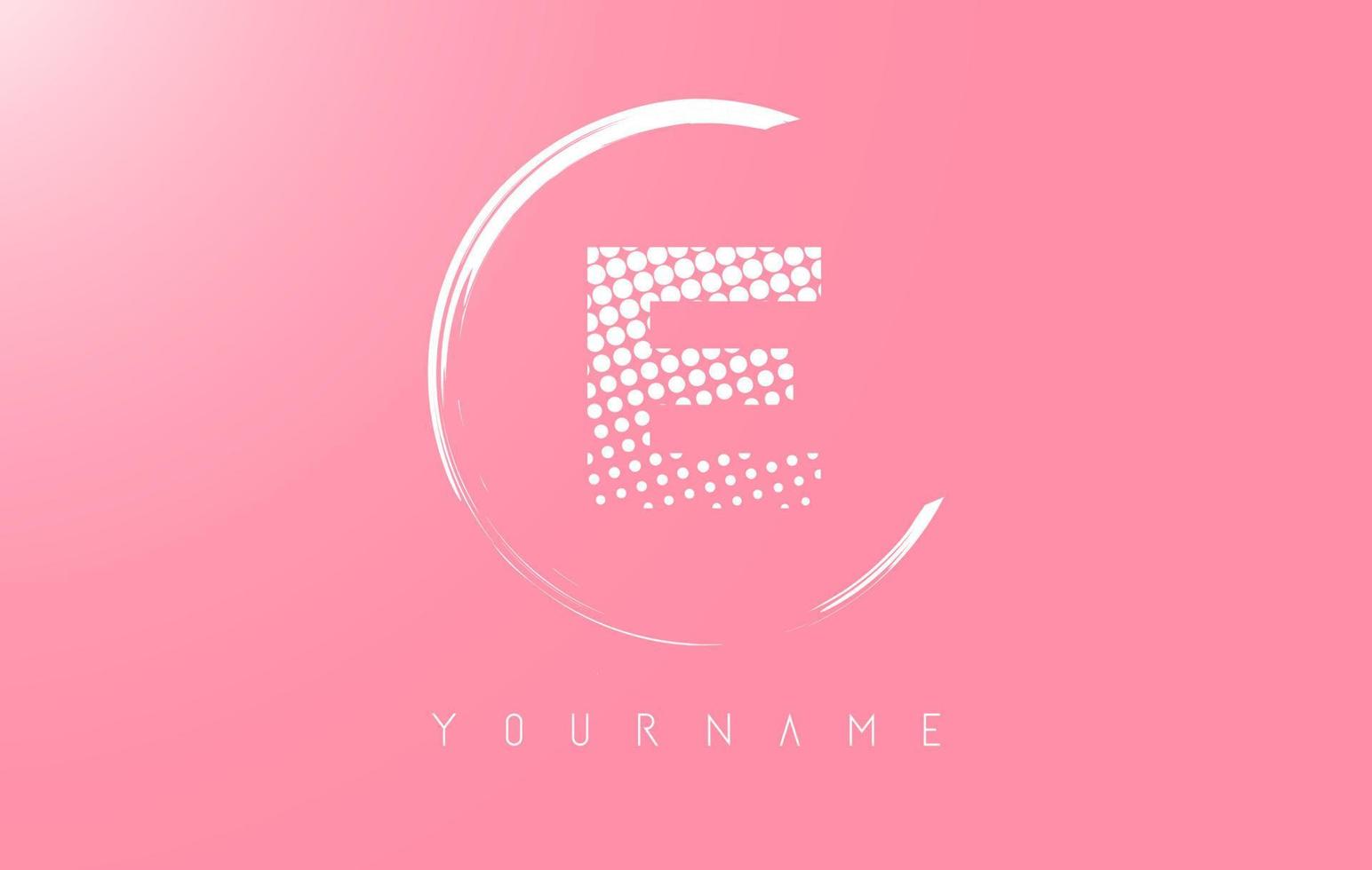 witte e letter logo-ontwerp met witte stippen en wit cirkelframe op roze achtergrond. vector