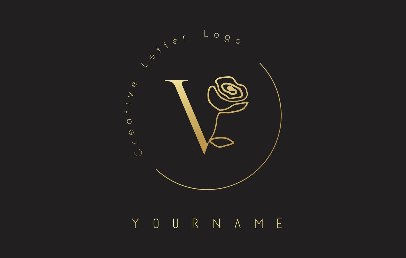 gouden creatieve eerste letter v-logo met belettering cirkel en handgetekende roos. bloemenelement en elegante letter v. vector