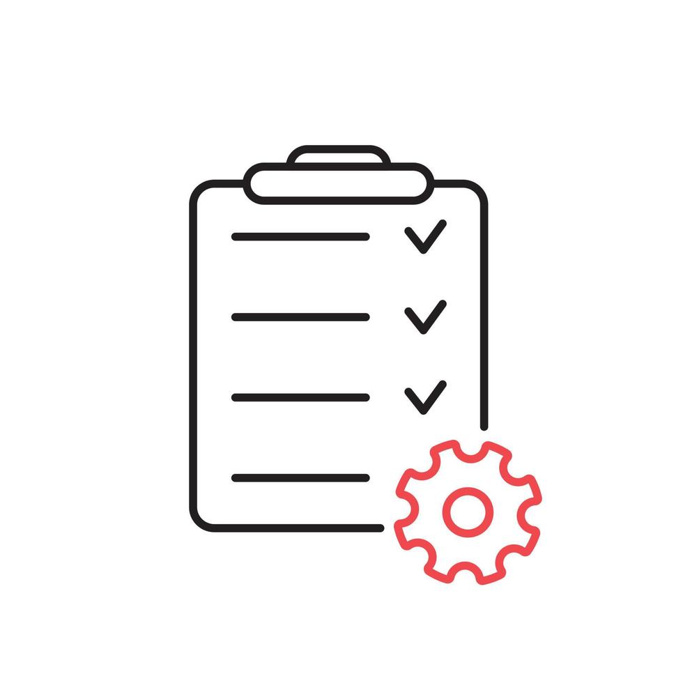 projectmanagement lijn icoon. klembord en tandwielpictogram. checklist met uitrusting voor projectbeheer. vector illustratie