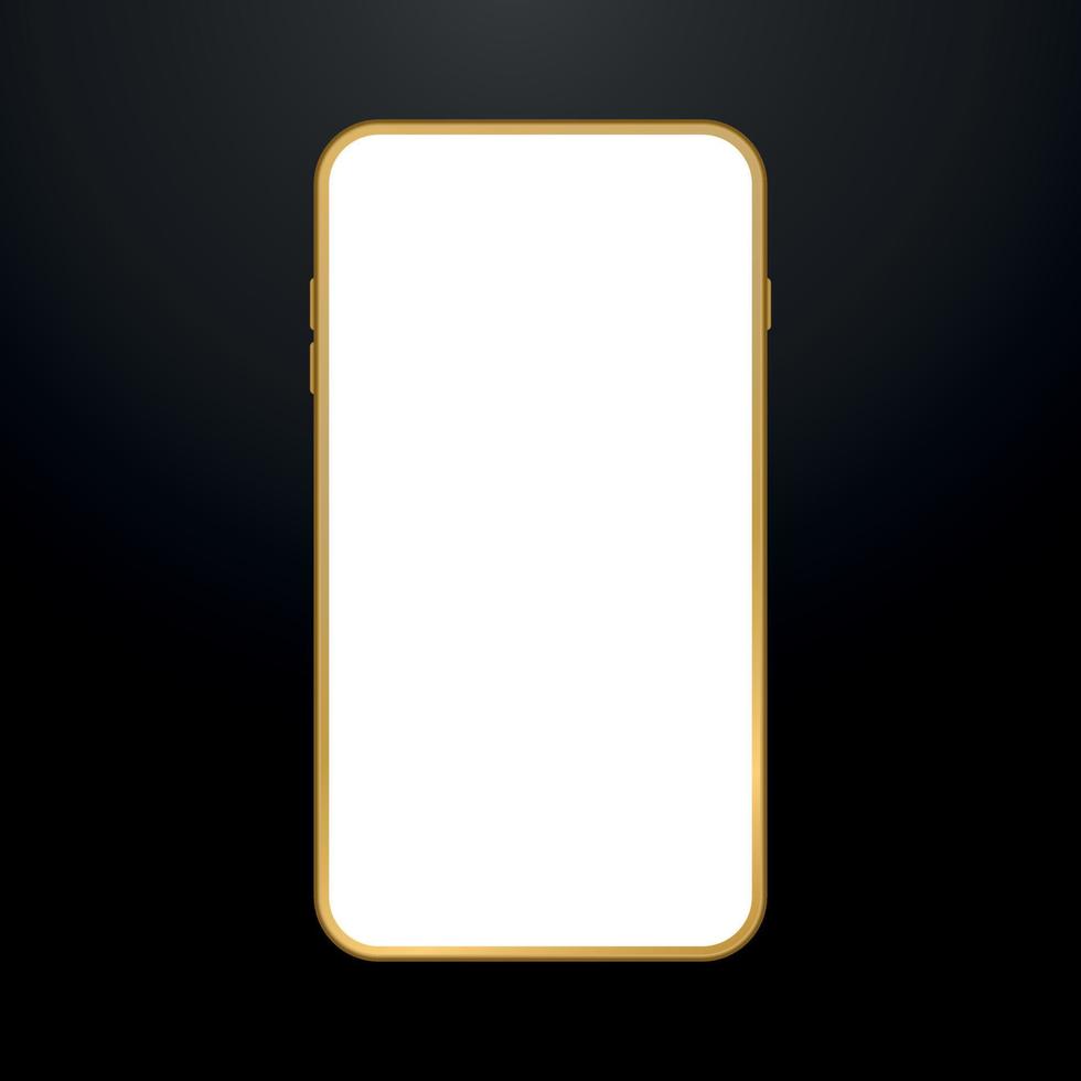 realistische gouden smartphone op zwarte achtergrond. gouden mobiele telefoonmodel. leeg wit scherm van mobiele telefoon. vector