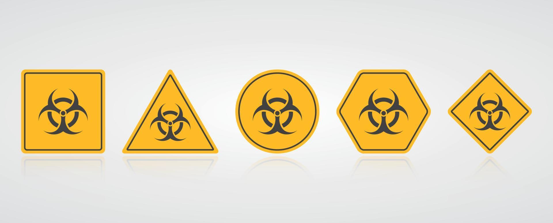 waarschuwing gevaar geel teken. symbool van straling. let op giftig biologisch gevaar. verschillende vorm gele borden. vector