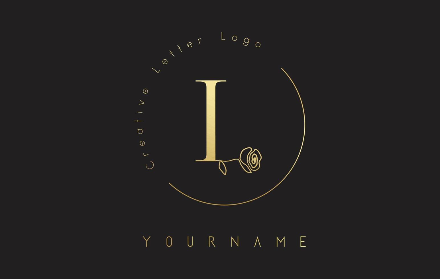 gouden creatieve eerste letter l-logo met belettering cirkel en handgetekende roos. bloemenelement en elegante letter l. vector