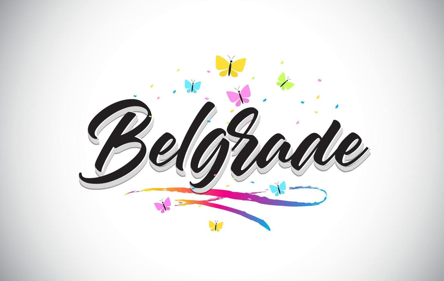 belgrado handgeschreven vector word-tekst met vlinders en kleurrijke swoosh.