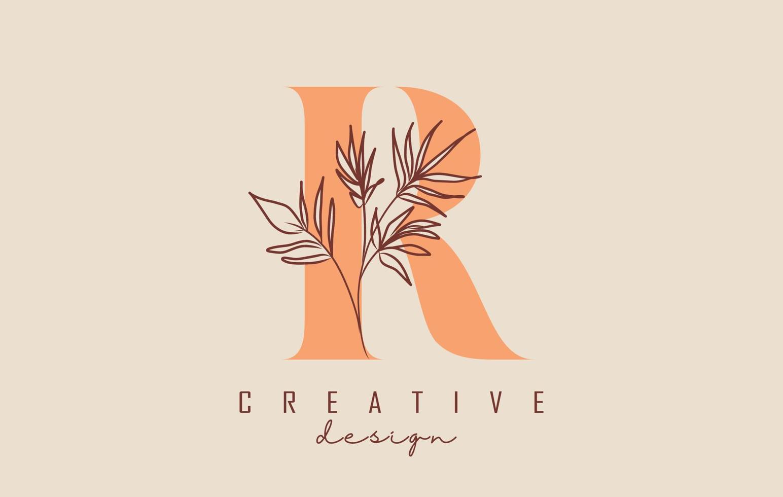 oranje schaduw r brief logo ontwerp met tak van bladeren vectorillustratie. vector