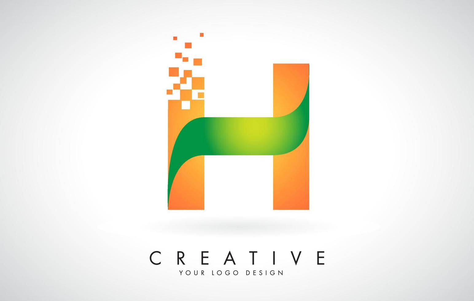 letter h logo-ontwerp in felle kleuren met verbrijzelde kleine blokken op witte achtergrond. vector