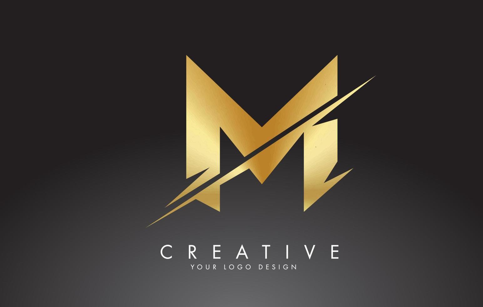 gouden m-letterlogo-ontwerp met creatieve bezuinigingen. vector