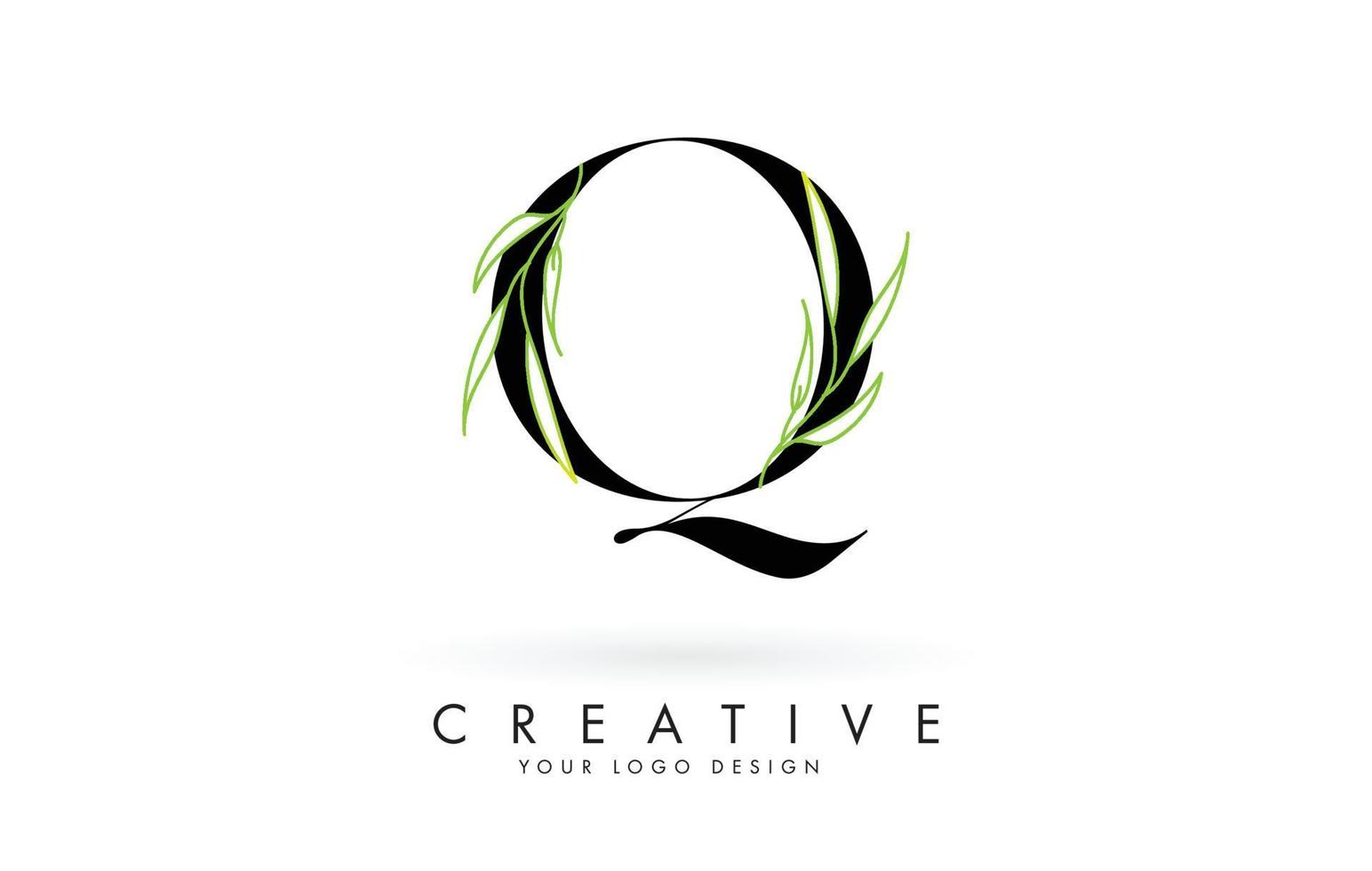 elegante q brief logo ontwerp met lange bladeren tak vectorillustratie. vector