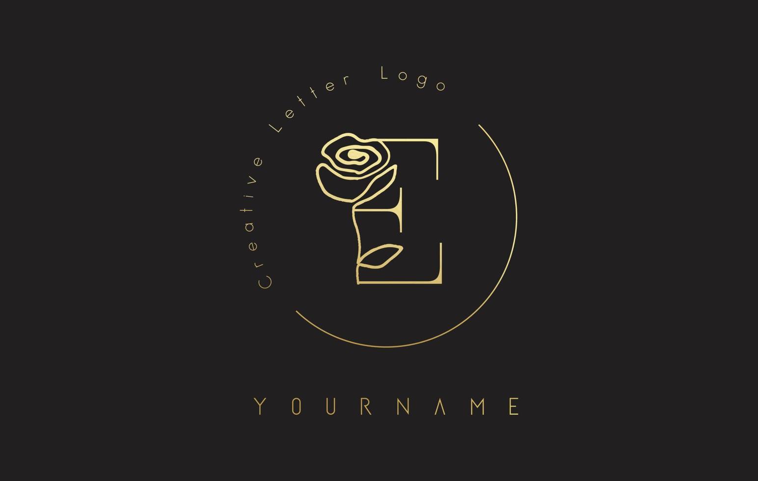 gouden creatieve eerste letter e-logo met belettering cirkel en handgetekende roos. bloemenelement en elegante letter e. vector