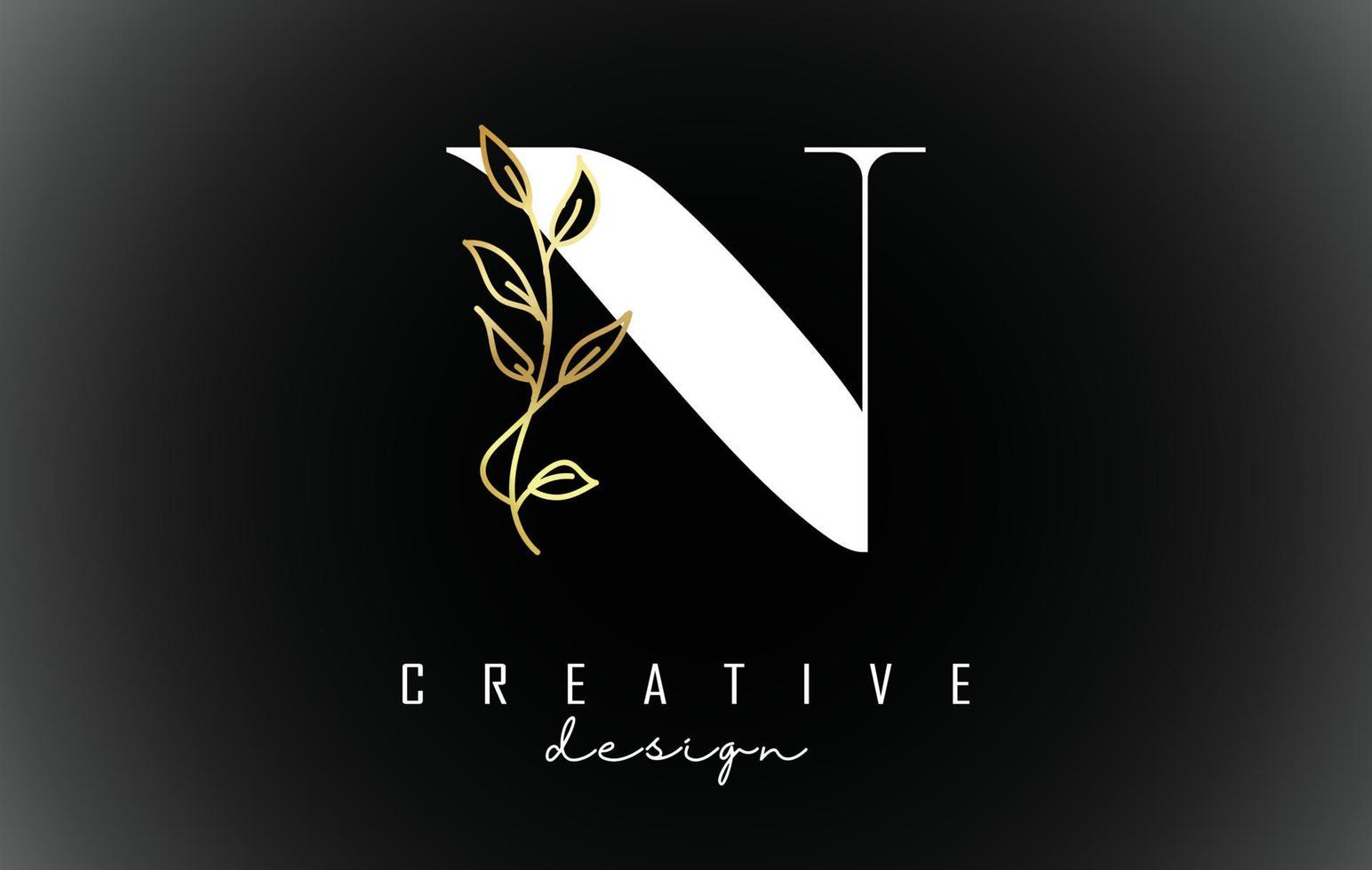 witte n brief logo ontwerp met gouden bladeren tak vectorillustratie. vector