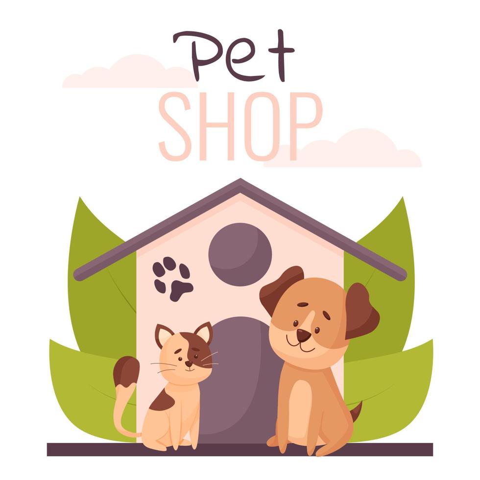 dierenwinkelconcept. honden- en kattenhuis. vlakke afbeelding in cartoon-stijl. vector