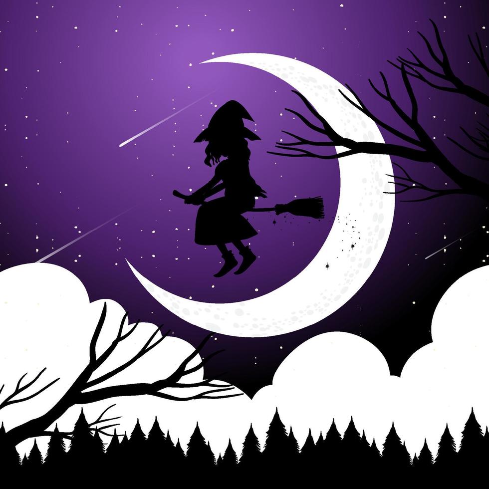halloween nacht achtergrond met heks silhouet vector