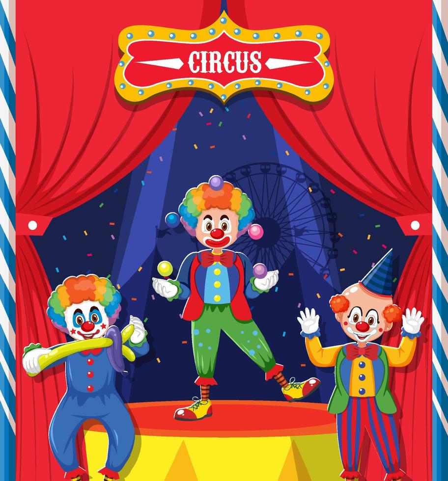 drie clowns stripfiguur op het podium vector