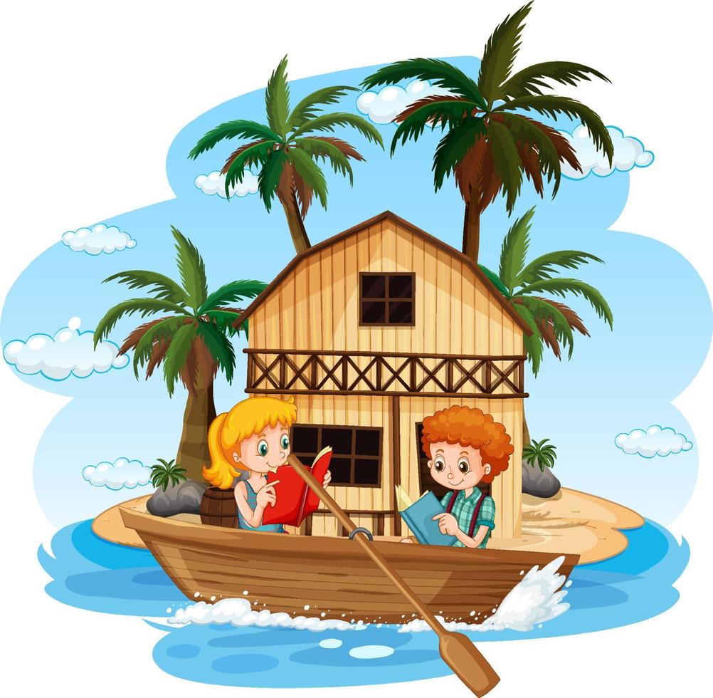 bungalow op het eiland met kinderen op houten boot vector