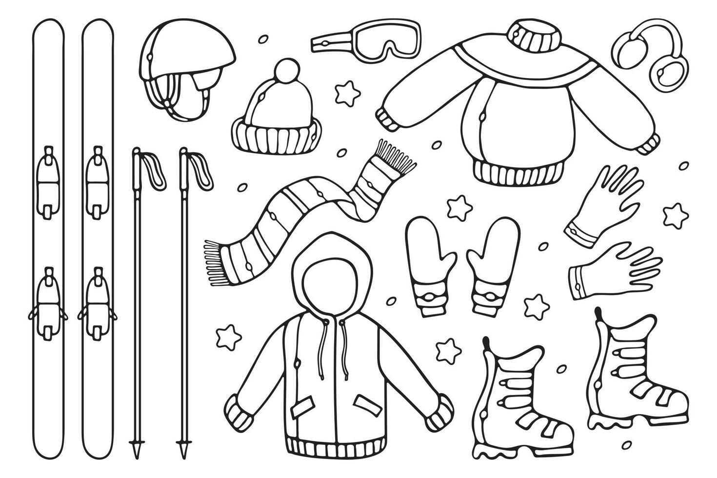 ski's en winterkleren voor skiën set apparatuur geïsoleerd op een witte achtergrond in doodle schets stijl ontwerp vectorillustratie. elementen voor ontwerp bergactiviteiten, skigebied, kleurboek vector