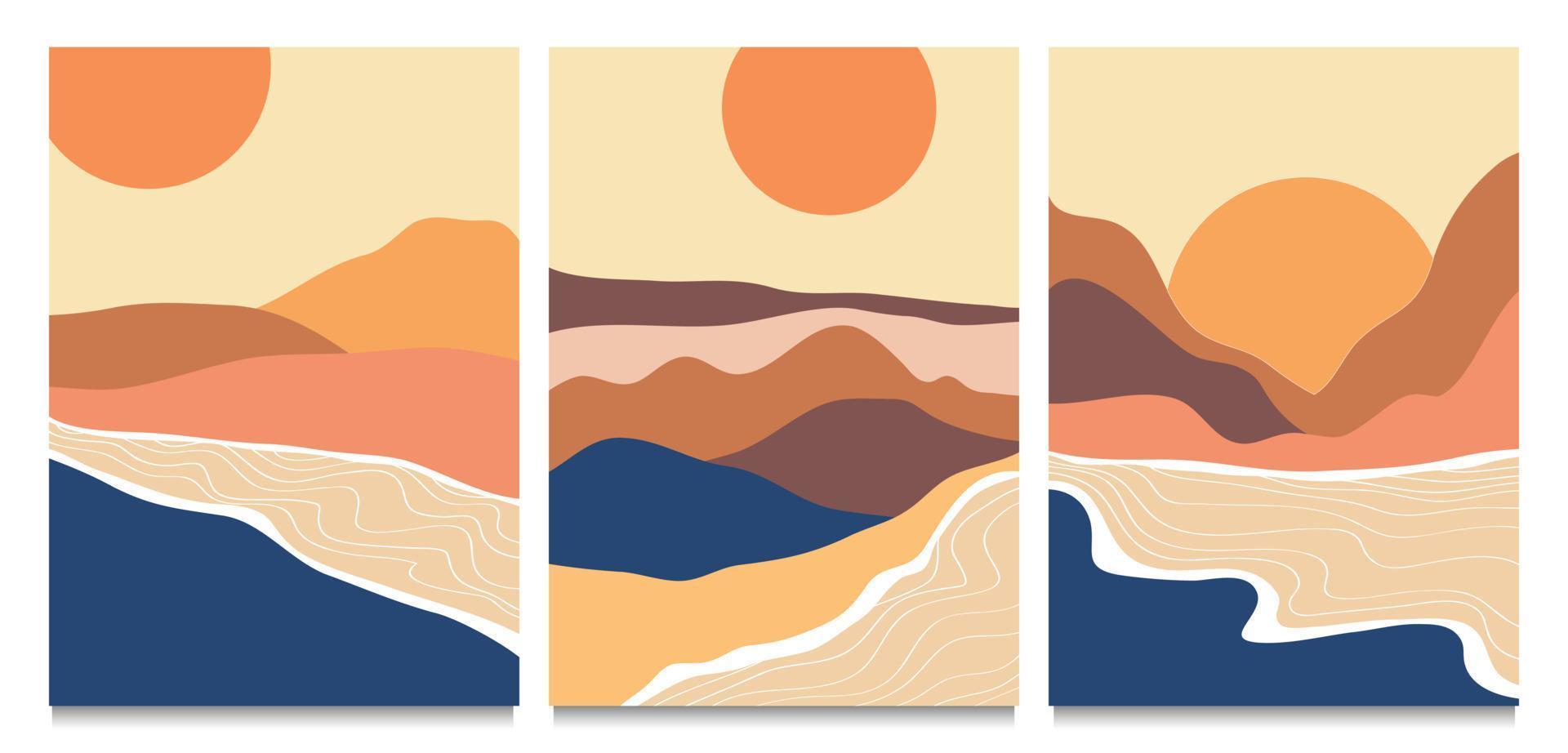 set van halverwege de eeuw moderne minimalistische. abstracte natuur, zee, lucht, zon, rock berglandschap poster. geometrische landschapsachtergrond in Skandinavische stijl. vector illustratie