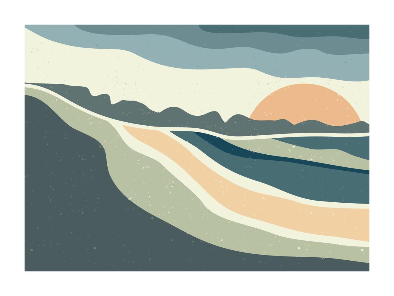 halverwege de eeuw modern minimalistisch. abstracte natuur, zee, lucht, zon, rivier, rock berglandschap poster. geometrische landschapsachtergrond in Skandinavische stijl. vector illustratie