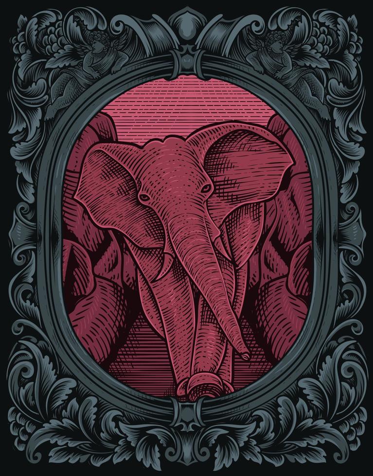 illustratie vintage olifant met gravure stijl vector