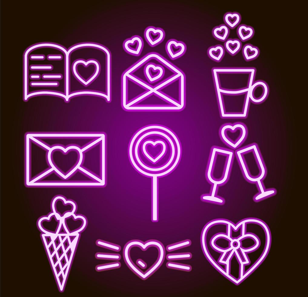 set van neon Valentijn pictogrammen met hart. vector
