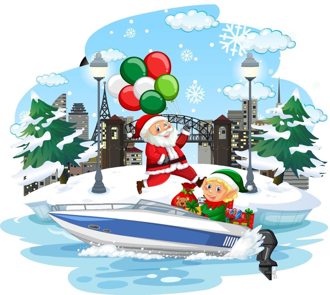 besneeuwde dag met de kerstman die geschenken per boot aflevert vector