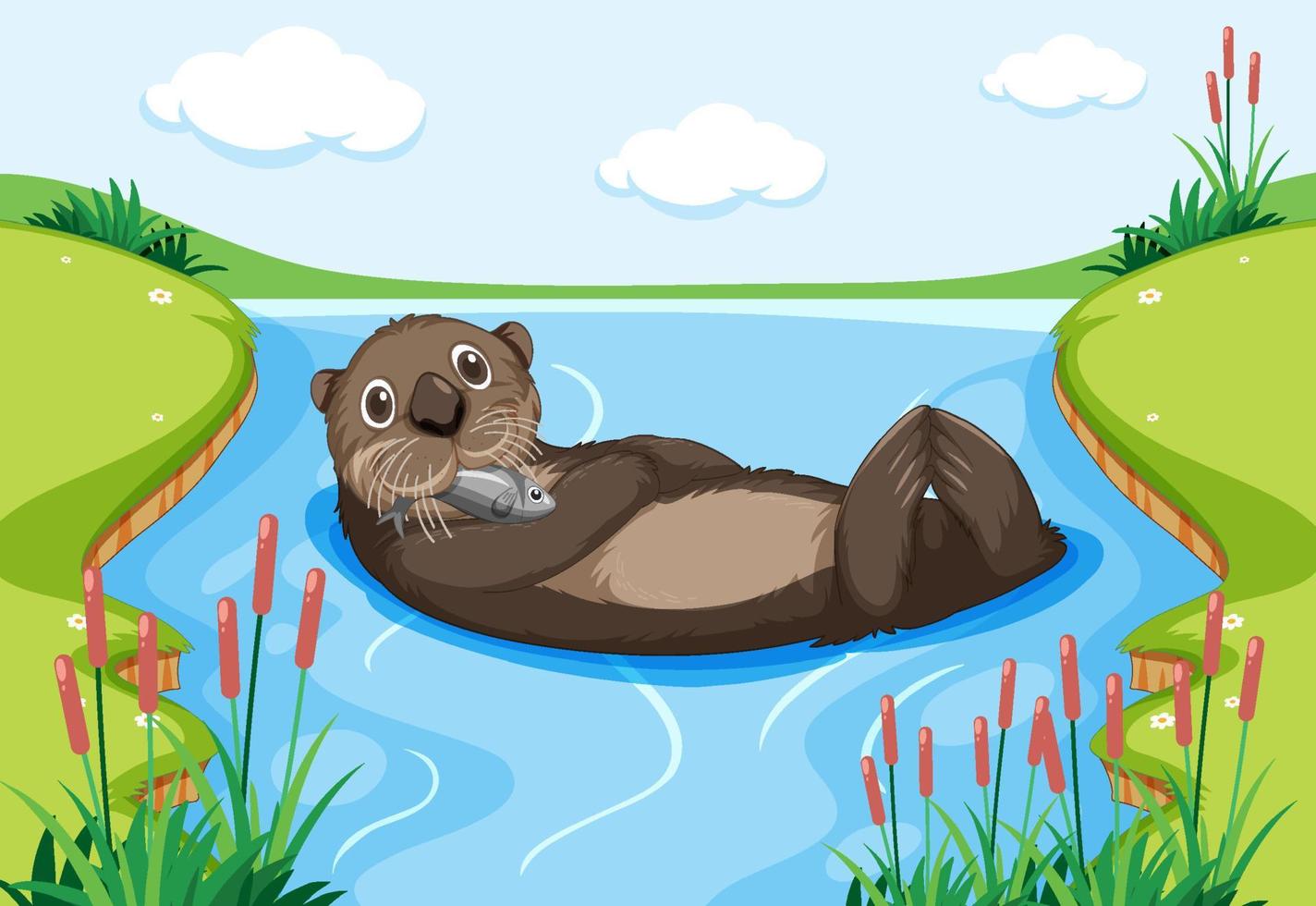 een otter drijvend op het water in het bos vector