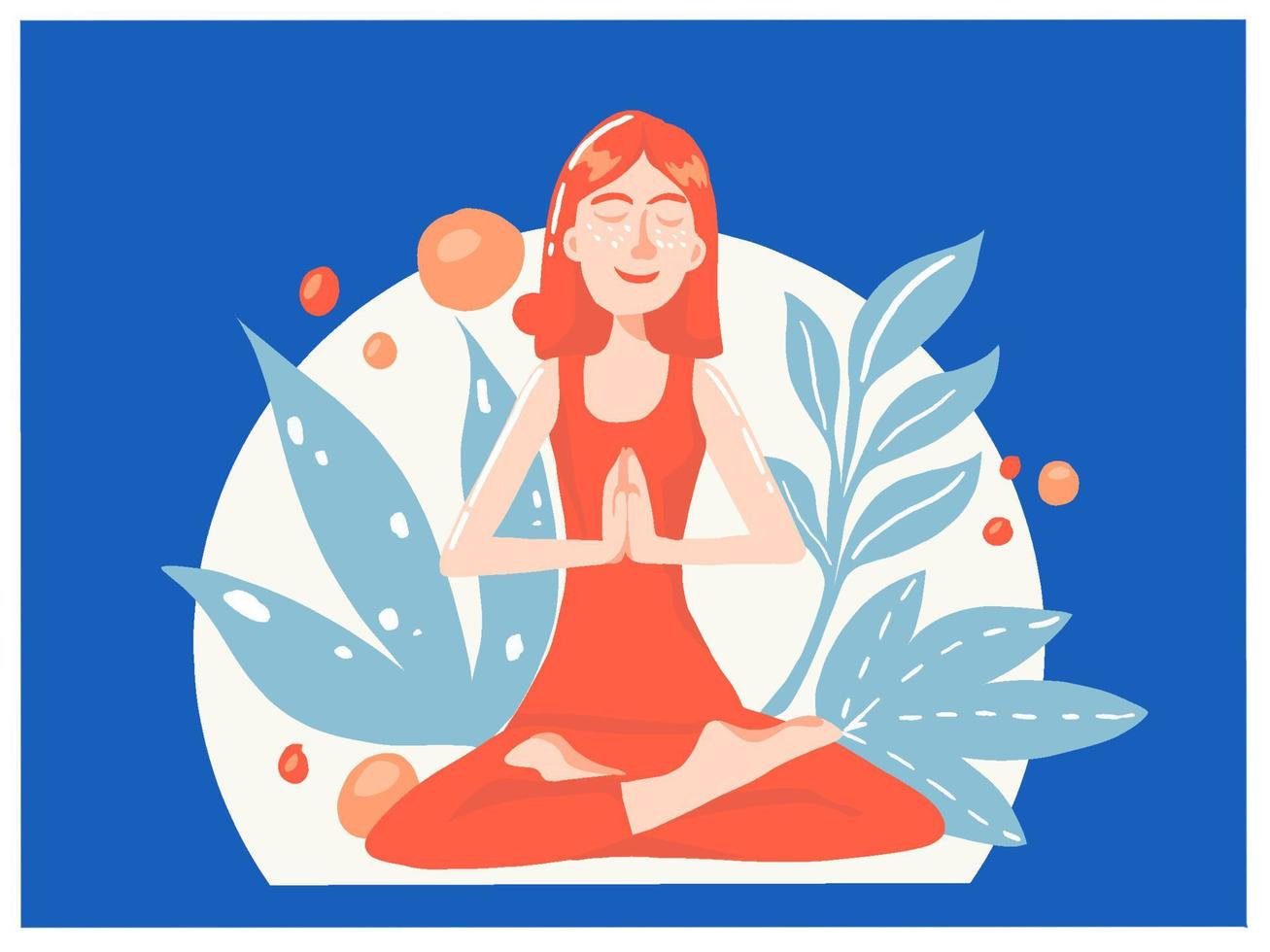 vrouw mediteren. ontspannend. lotushouding. yoga beoefening. bloemen sieraad. beperkt kleurenpalet. meditatie. serene mensen vector