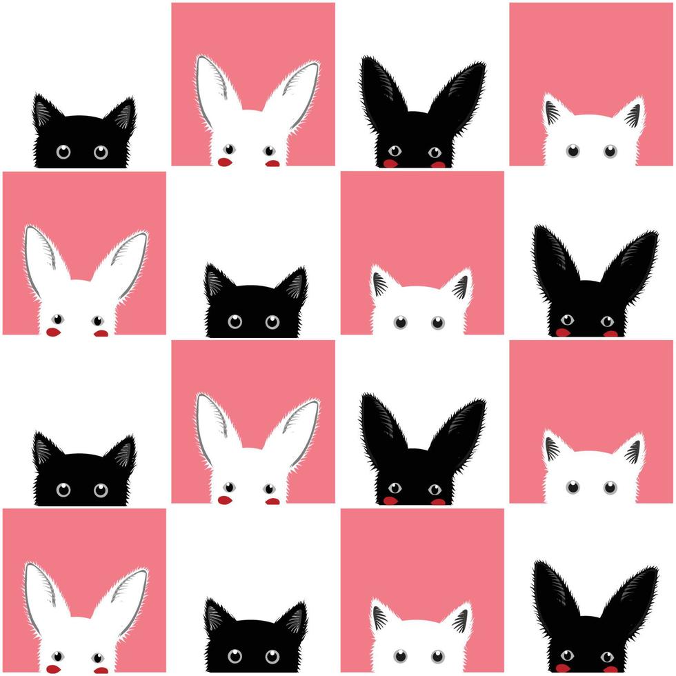 zwart wit roze kat konijn schaakbord achtergrond vector