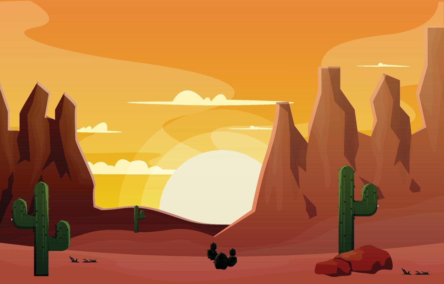zonsopgang klif woestijn land cactus reizen vector platte ontwerp illustratie