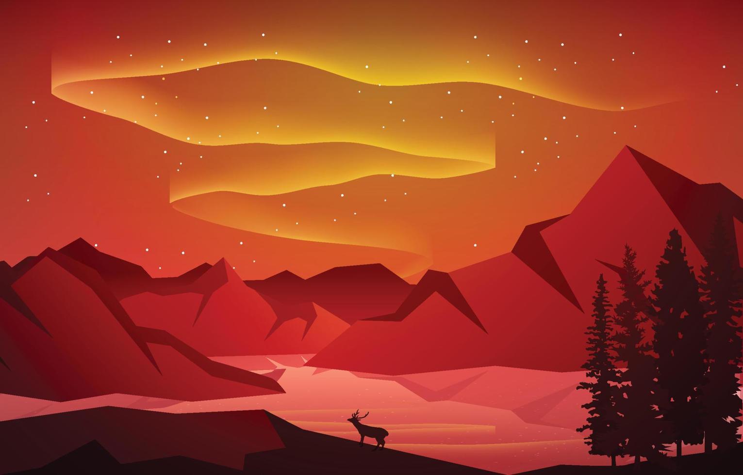 mooie aurora borealis hemel licht pijnboom herten berg poollandschap illustratie vector