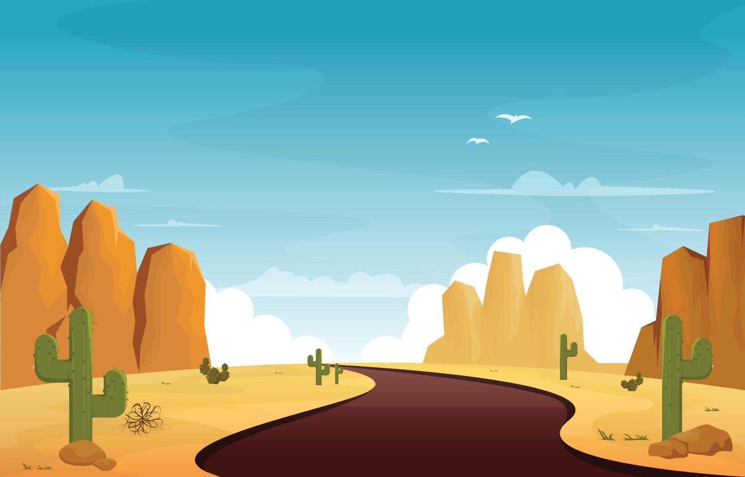 weg straat woestijn land cactus reizen vector platte ontwerp illustratie