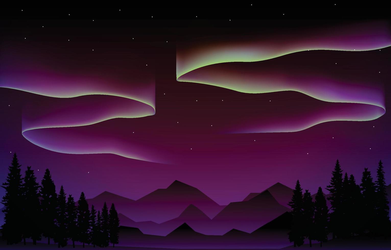 mooie aurora borealis lucht licht dennen berg avontuur poollandschap illustratie vector