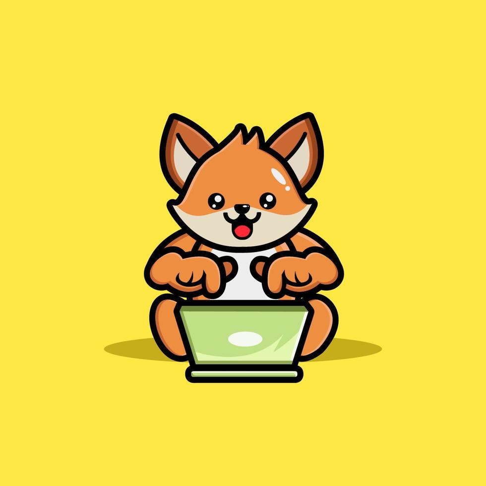 schattige vos werkende laptop cartoon afbeelding vector
