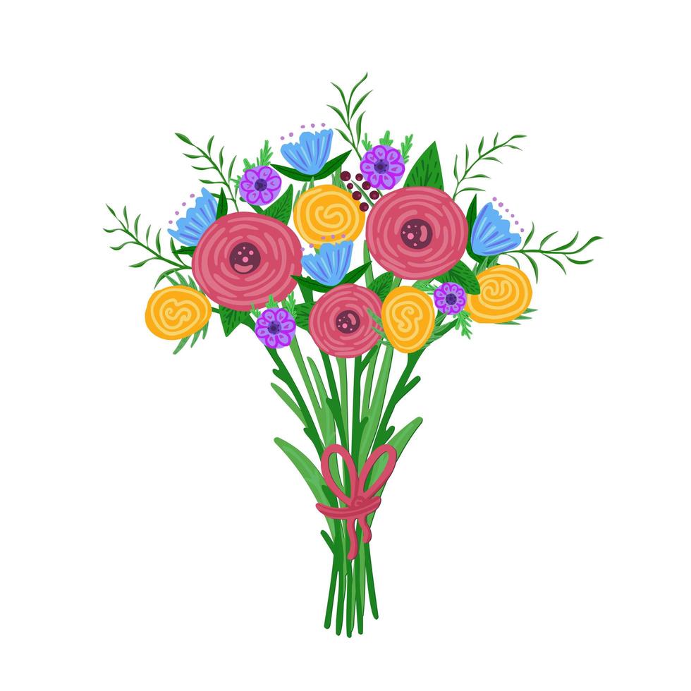 boeket bloemen met strik. illustratie voor afdrukken, achtergronden, covers, verpakkingen, wenskaarten, posters, stickers, textiel, seizoensontwerp. geïsoleerd op een witte achtergrond. vector